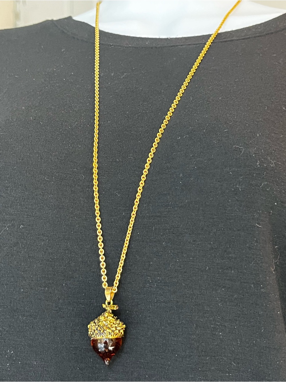 Gold-Tone Glass Acorn Pendant Necklace in Brown